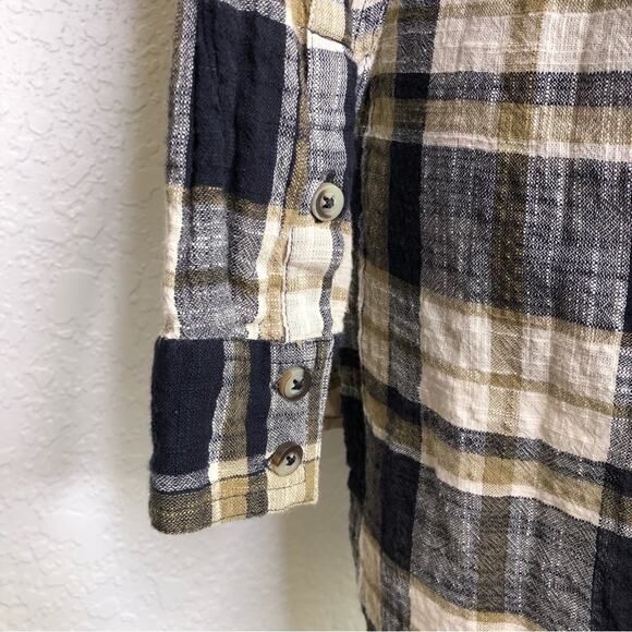 Fat Face navy blue tan and cream plaid button down top size 12 - Picture 9 of 15